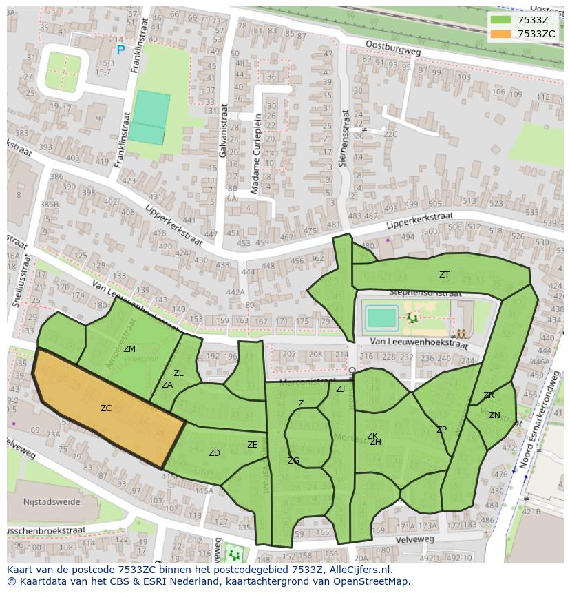 Afbeelding van het postcodegebied 7533 ZC op de kaart.