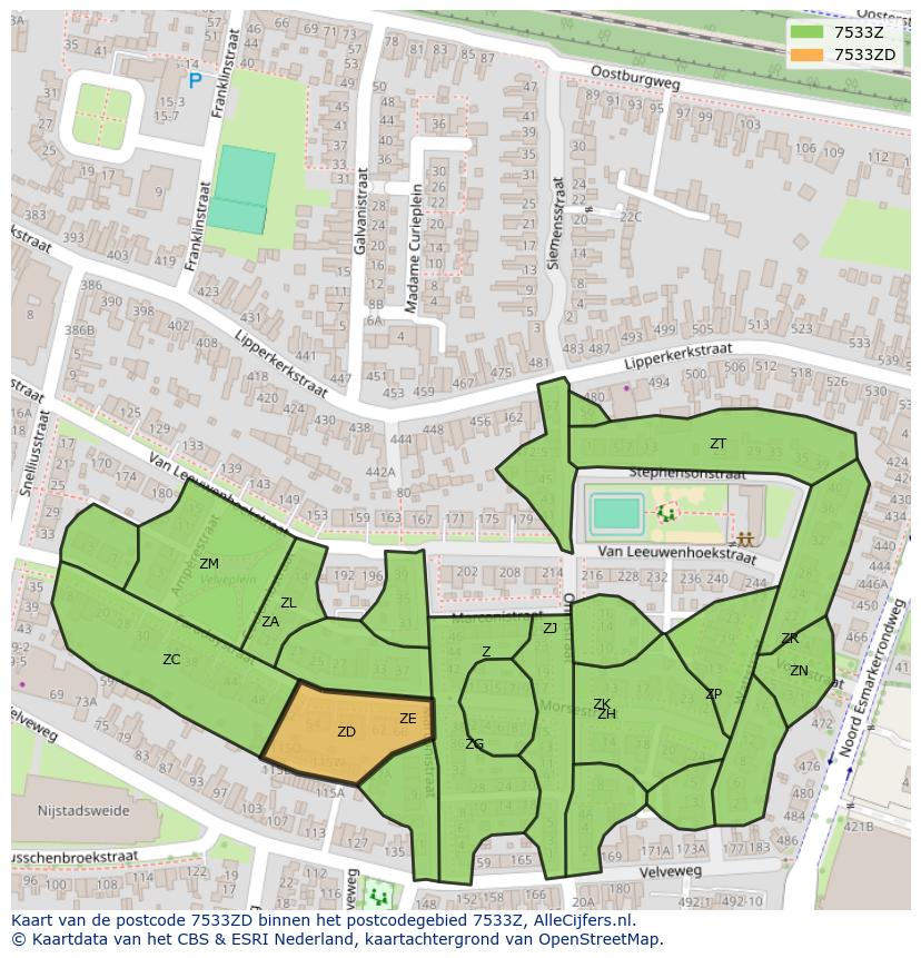 Afbeelding van het postcodegebied 7533 ZD op de kaart.