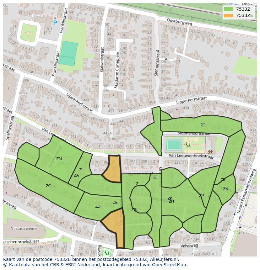 Afbeelding van het postcodegebied 7533 ZE op de kaart.