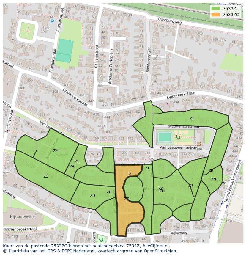 Afbeelding van het postcodegebied 7533 ZG op de kaart.