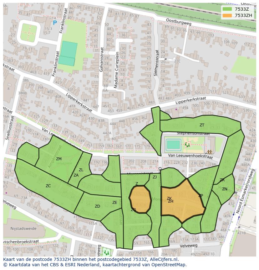 Afbeelding van het postcodegebied 7533 ZH op de kaart.