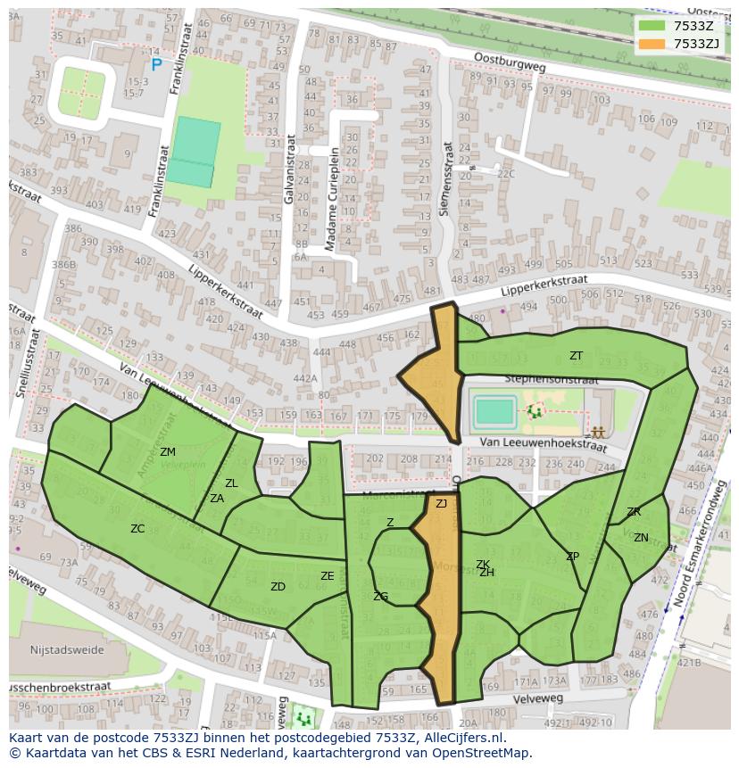 Afbeelding van het postcodegebied 7533 ZJ op de kaart.