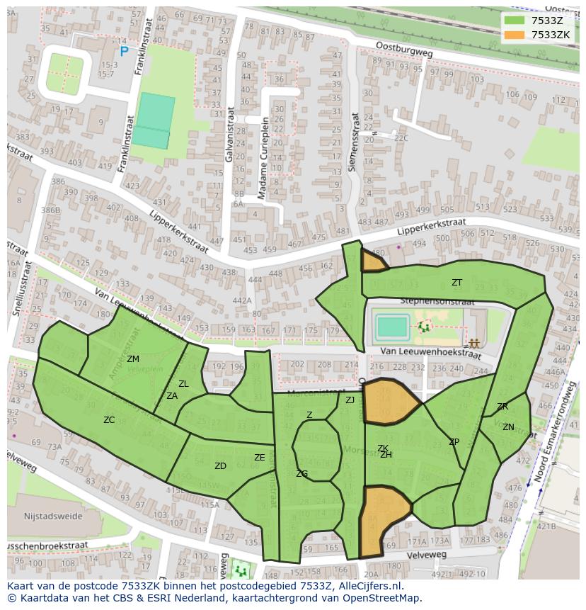 Afbeelding van het postcodegebied 7533 ZK op de kaart.