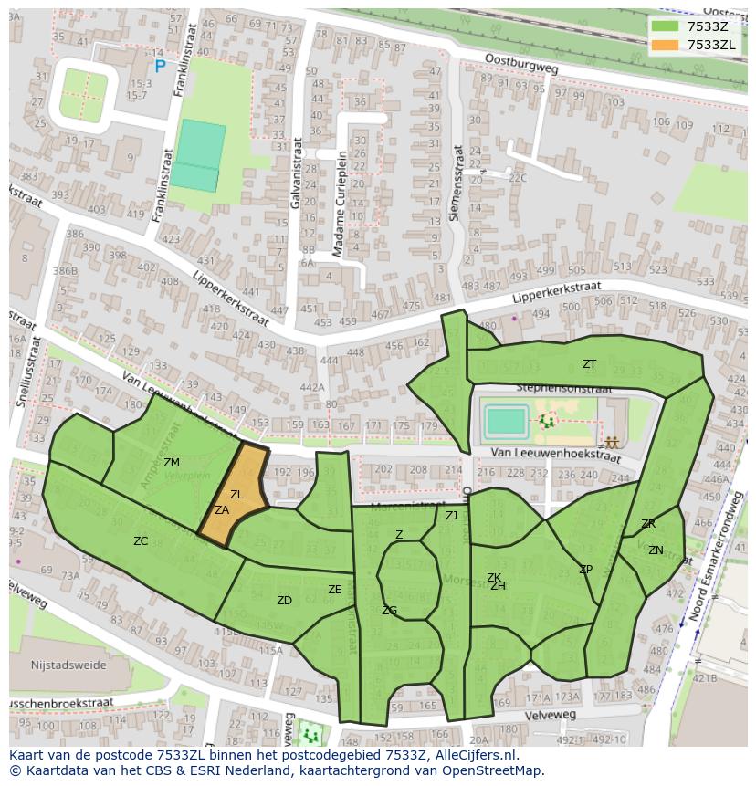 Afbeelding van het postcodegebied 7533 ZL op de kaart.