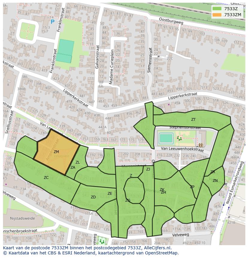 Afbeelding van het postcodegebied 7533 ZM op de kaart.
