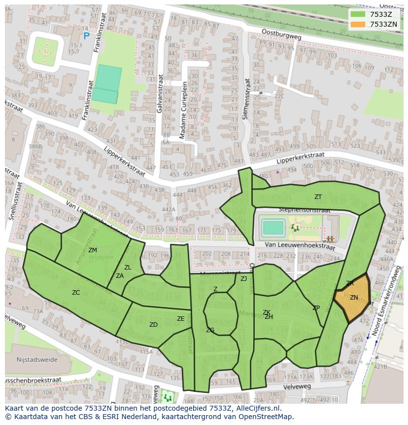 Afbeelding van het postcodegebied 7533 ZN op de kaart.
