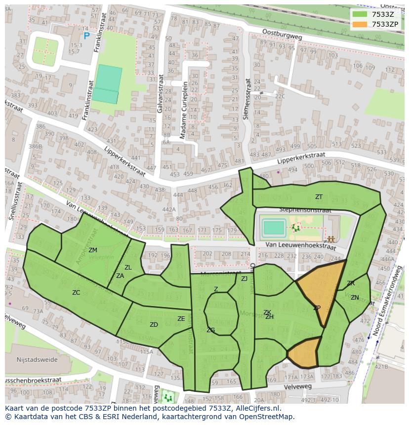 Afbeelding van het postcodegebied 7533 ZP op de kaart.