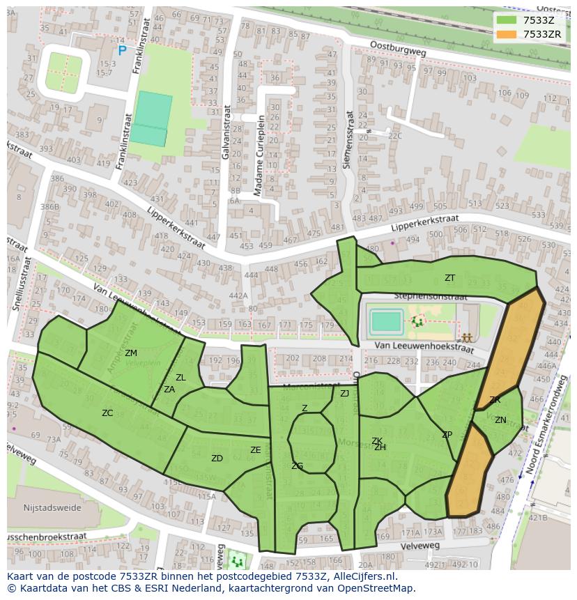 Afbeelding van het postcodegebied 7533 ZR op de kaart.