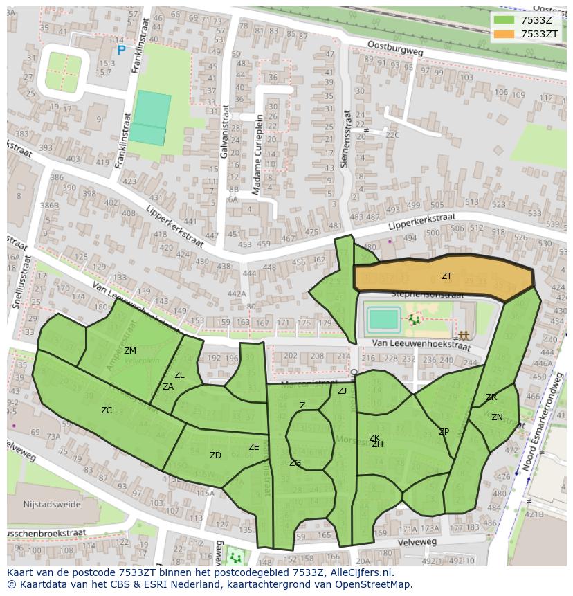 Afbeelding van het postcodegebied 7533 ZT op de kaart.