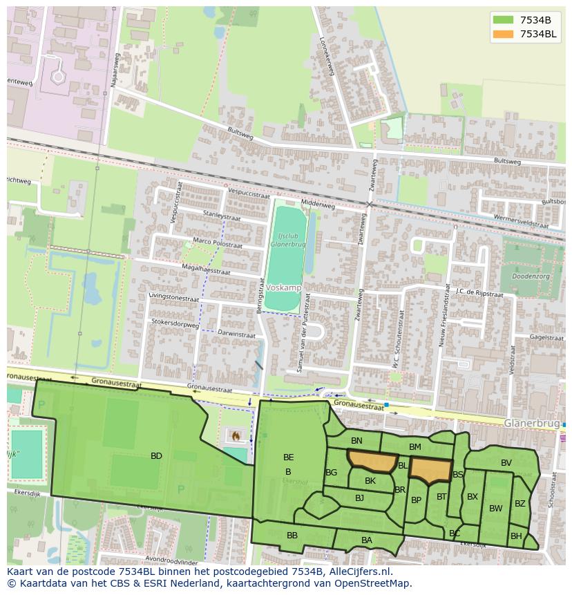 Afbeelding van het postcodegebied 7534 BL op de kaart.