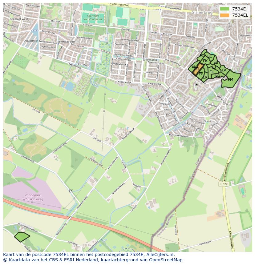 Afbeelding van het postcodegebied 7534 EL op de kaart.