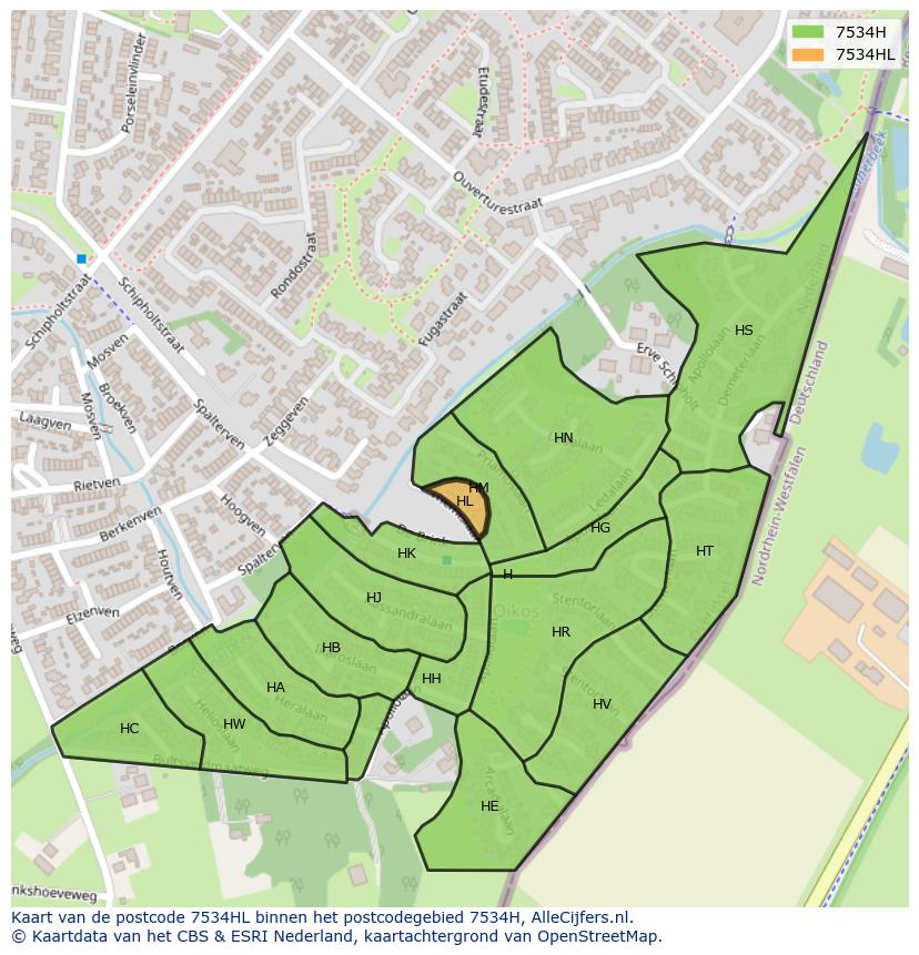 Afbeelding van het postcodegebied 7534 HL op de kaart.