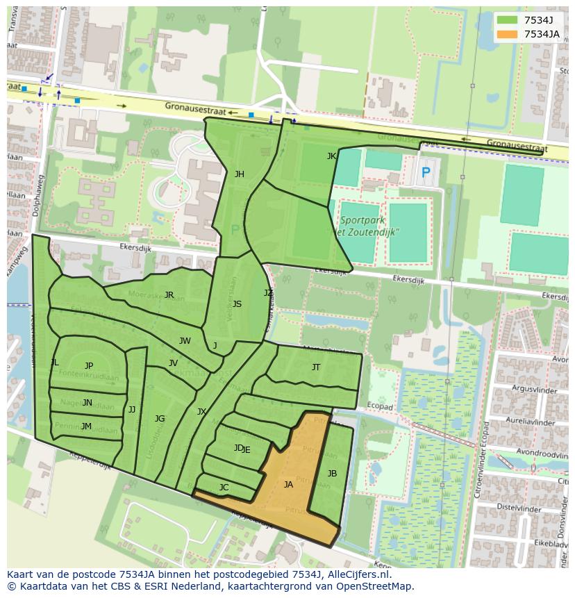 Afbeelding van het postcodegebied 7534 JA op de kaart.