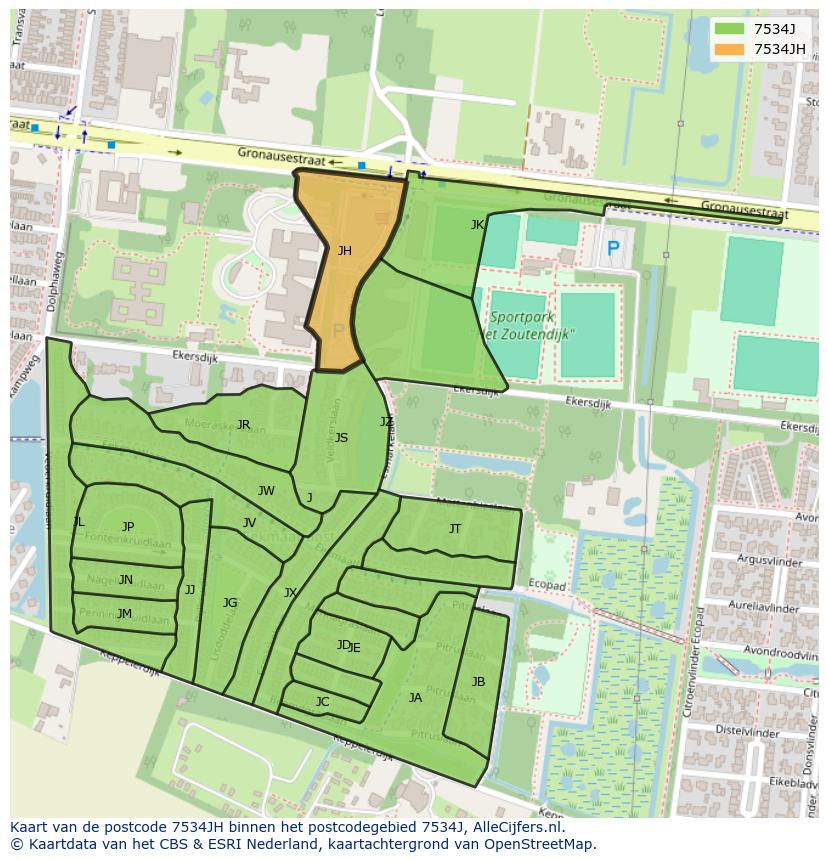 Afbeelding van het postcodegebied 7534 JH op de kaart.