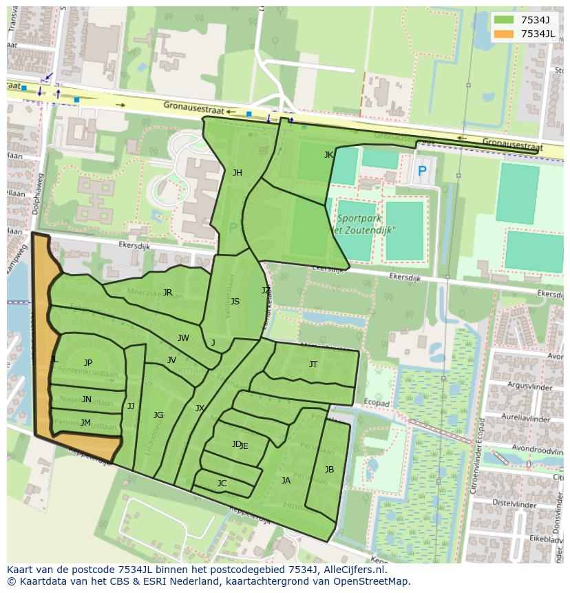 Afbeelding van het postcodegebied 7534 JL op de kaart.