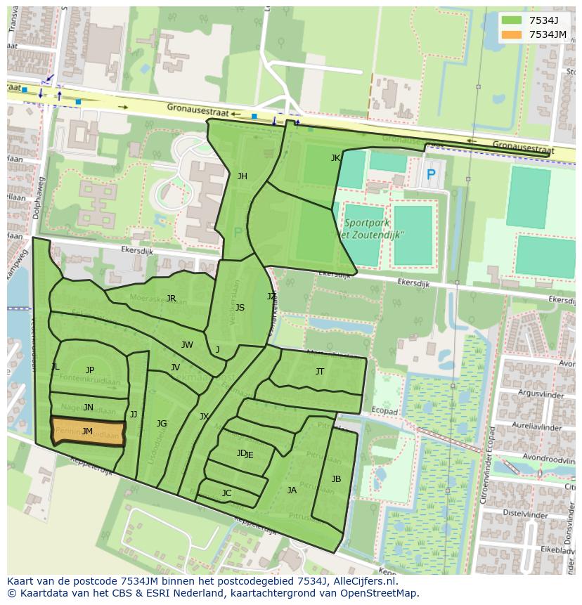 Afbeelding van het postcodegebied 7534 JM op de kaart.