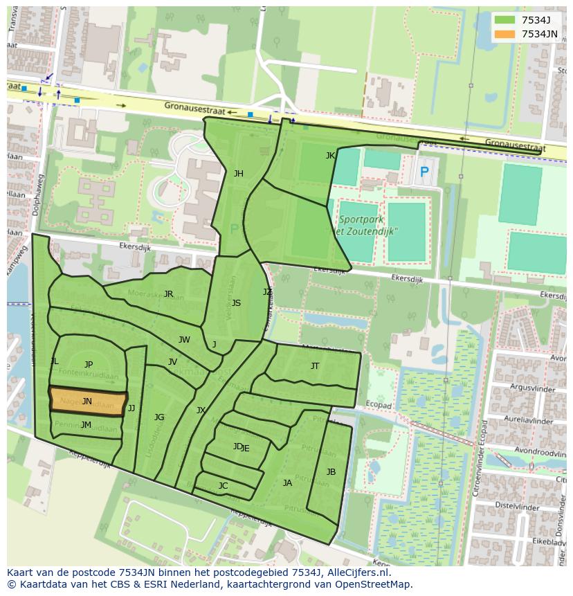 Afbeelding van het postcodegebied 7534 JN op de kaart.