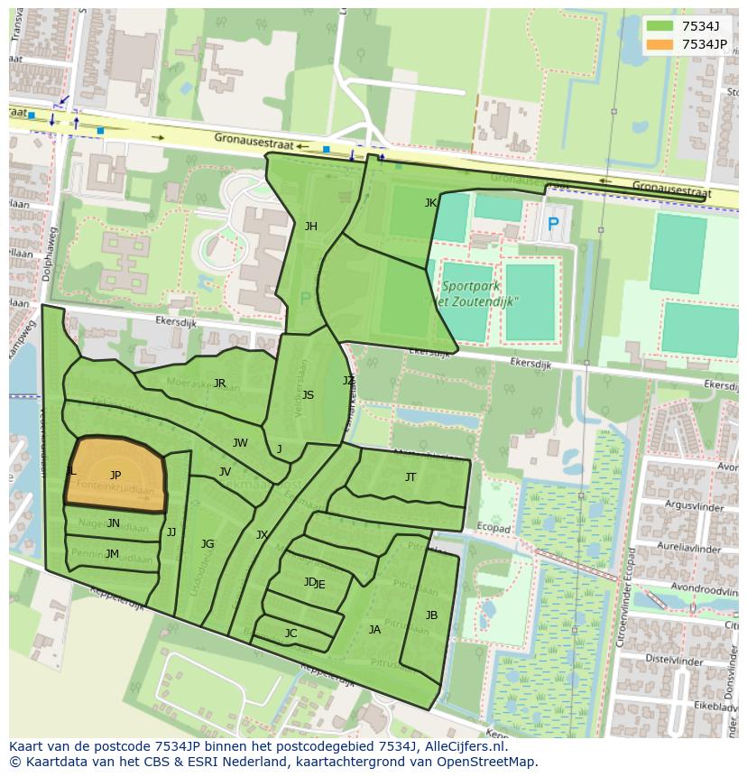 Afbeelding van het postcodegebied 7534 JP op de kaart.