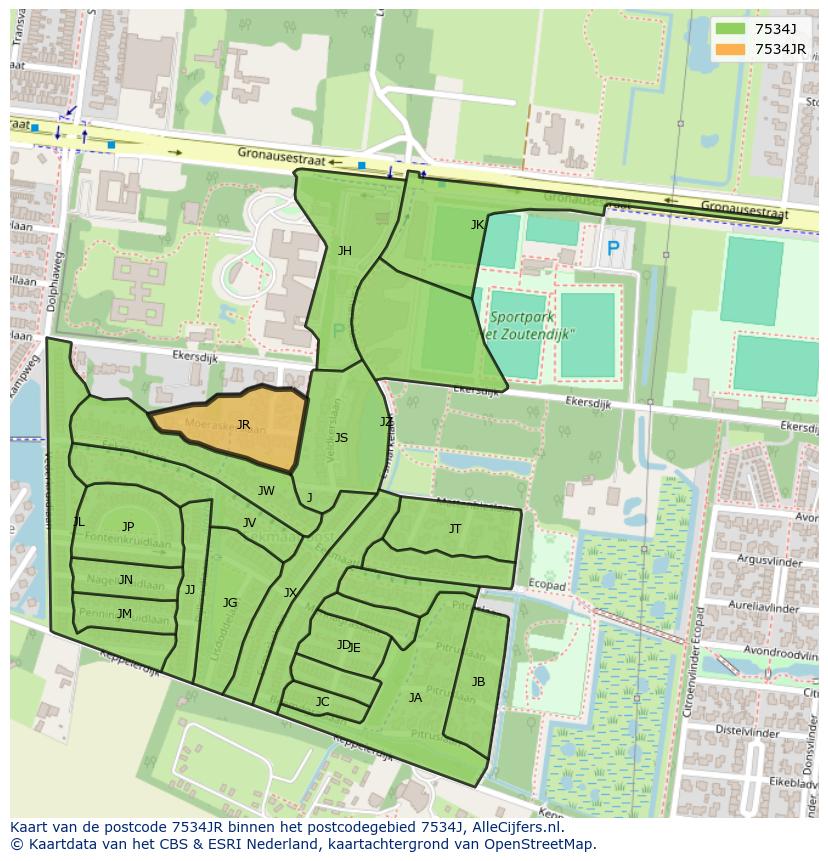 Afbeelding van het postcodegebied 7534 JR op de kaart.