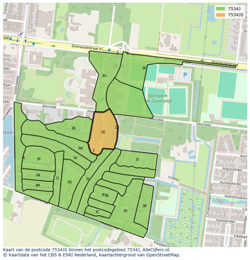 Afbeelding van het postcodegebied 7534 JS op de kaart.