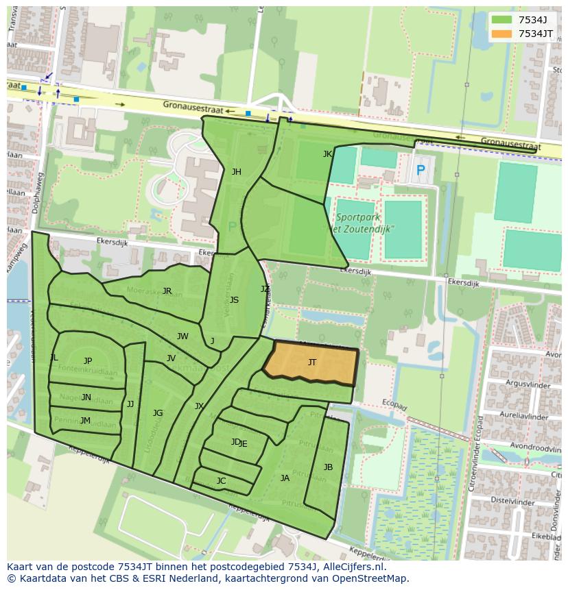 Afbeelding van het postcodegebied 7534 JT op de kaart.