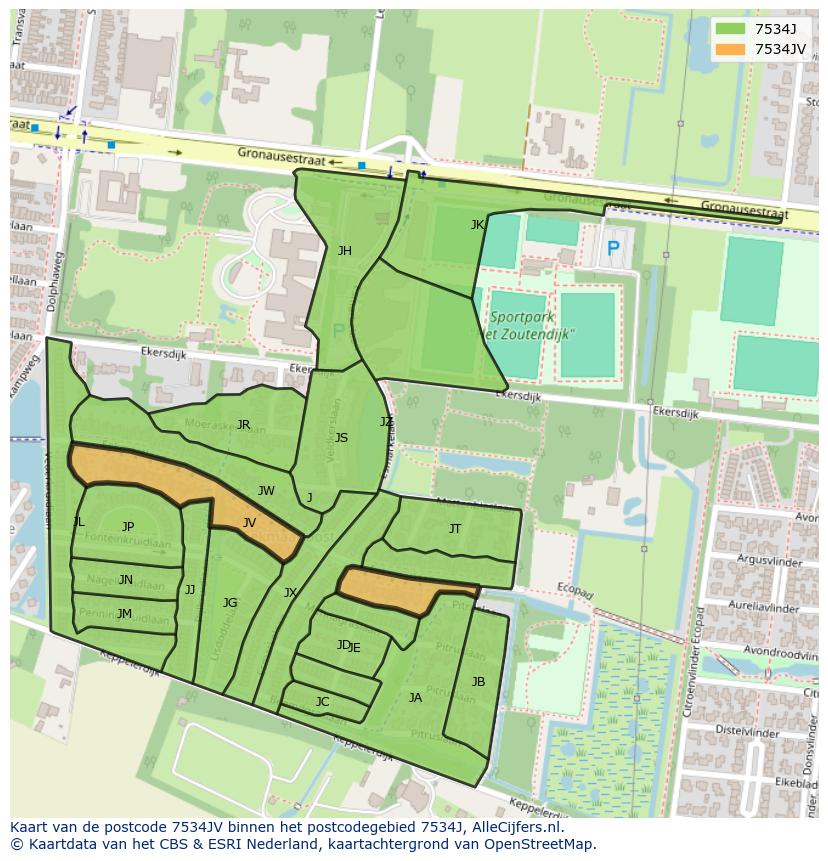 Afbeelding van het postcodegebied 7534 JV op de kaart.