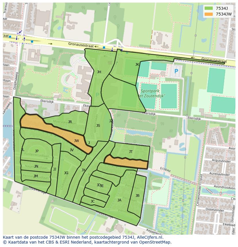Afbeelding van het postcodegebied 7534 JW op de kaart.
