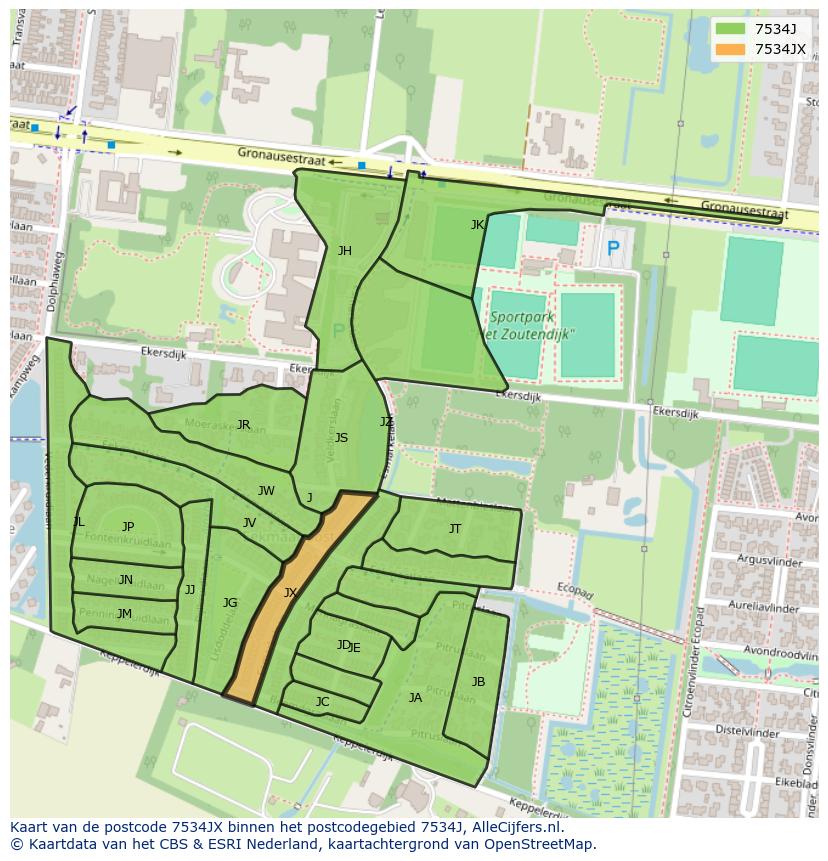 Afbeelding van het postcodegebied 7534 JX op de kaart.