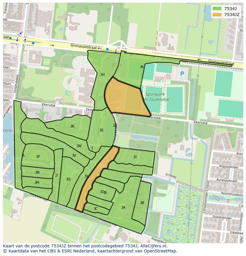 Afbeelding van het postcodegebied 7534 JZ op de kaart.