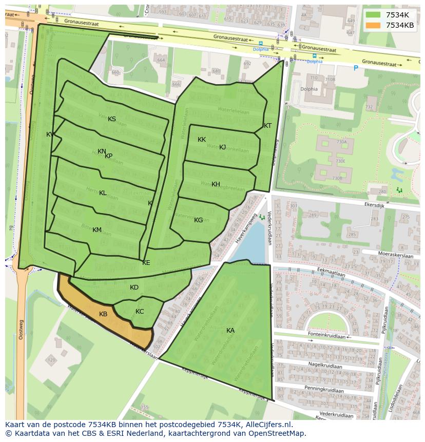 Afbeelding van het postcodegebied 7534 KB op de kaart.
