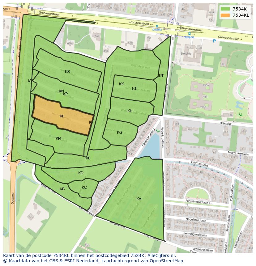 Afbeelding van het postcodegebied 7534 KL op de kaart.