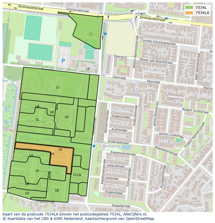 Afbeelding van het postcodegebied 7534 LA op de kaart.
