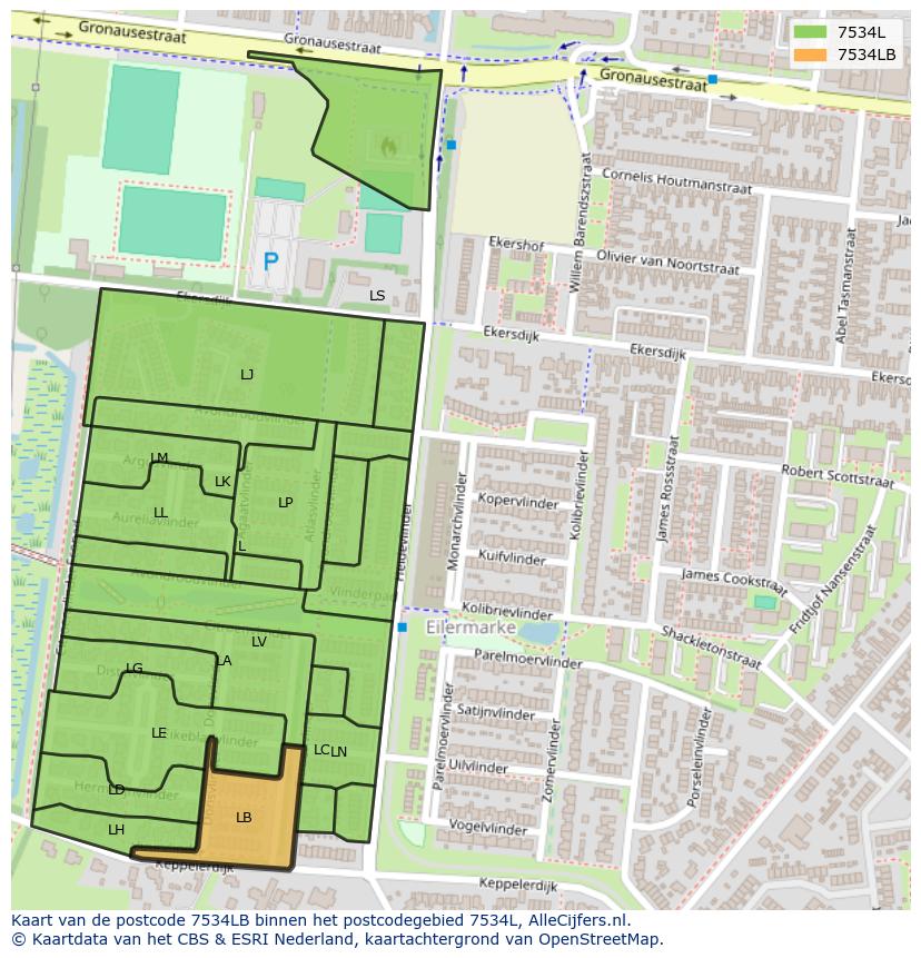 Afbeelding van het postcodegebied 7534 LB op de kaart.
