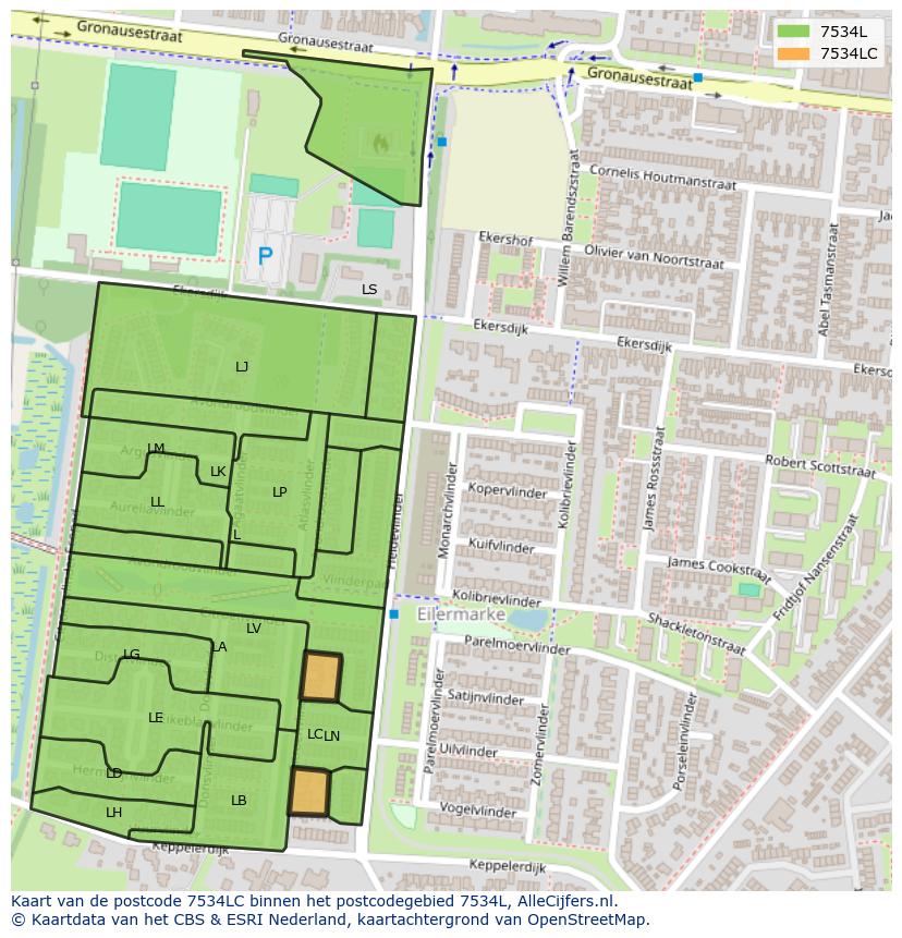 Afbeelding van het postcodegebied 7534 LC op de kaart.