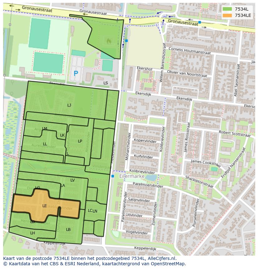 Afbeelding van het postcodegebied 7534 LE op de kaart.