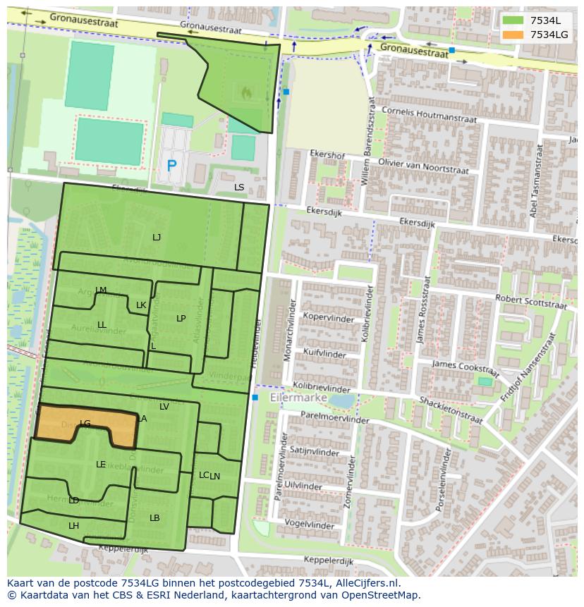 Afbeelding van het postcodegebied 7534 LG op de kaart.
