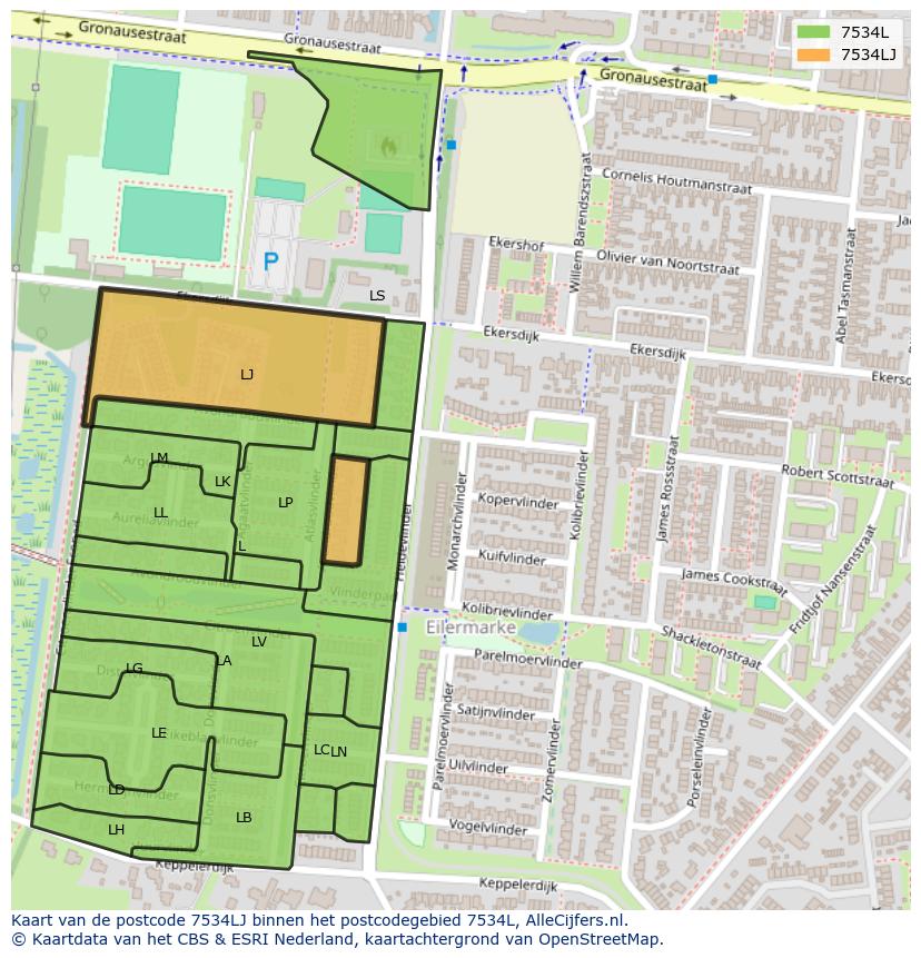 Afbeelding van het postcodegebied 7534 LJ op de kaart.