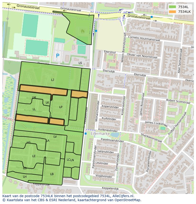 Afbeelding van het postcodegebied 7534 LK op de kaart.