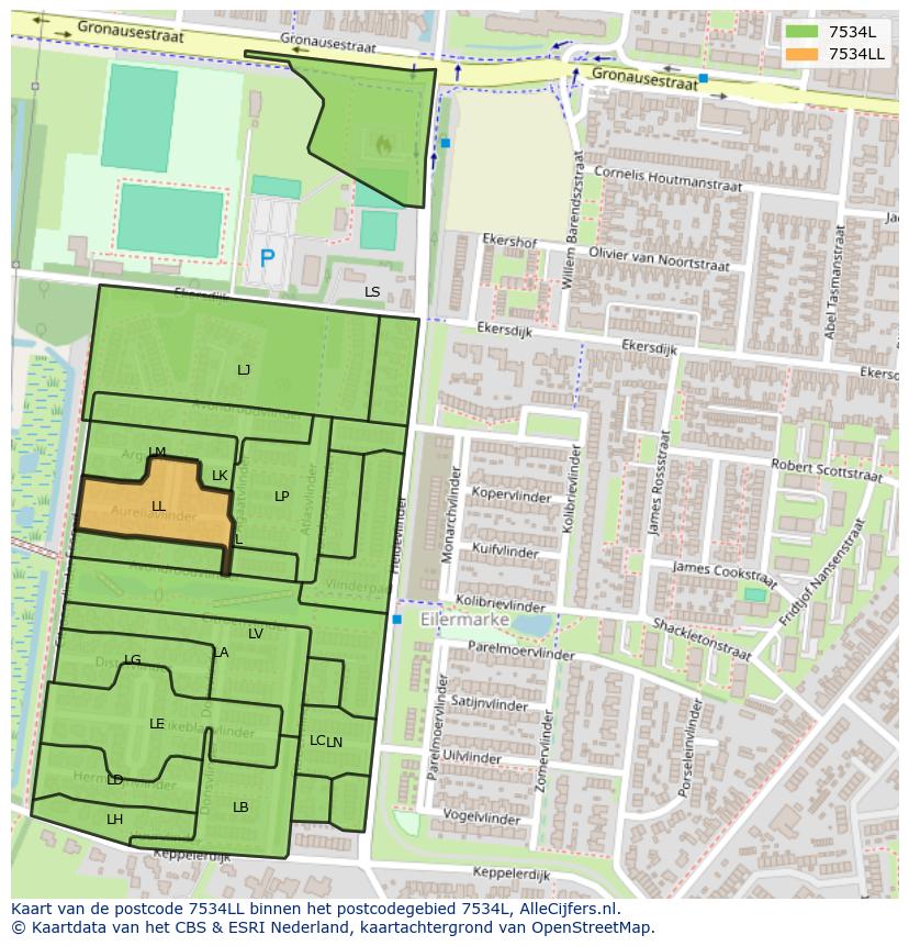Afbeelding van het postcodegebied 7534 LL op de kaart.