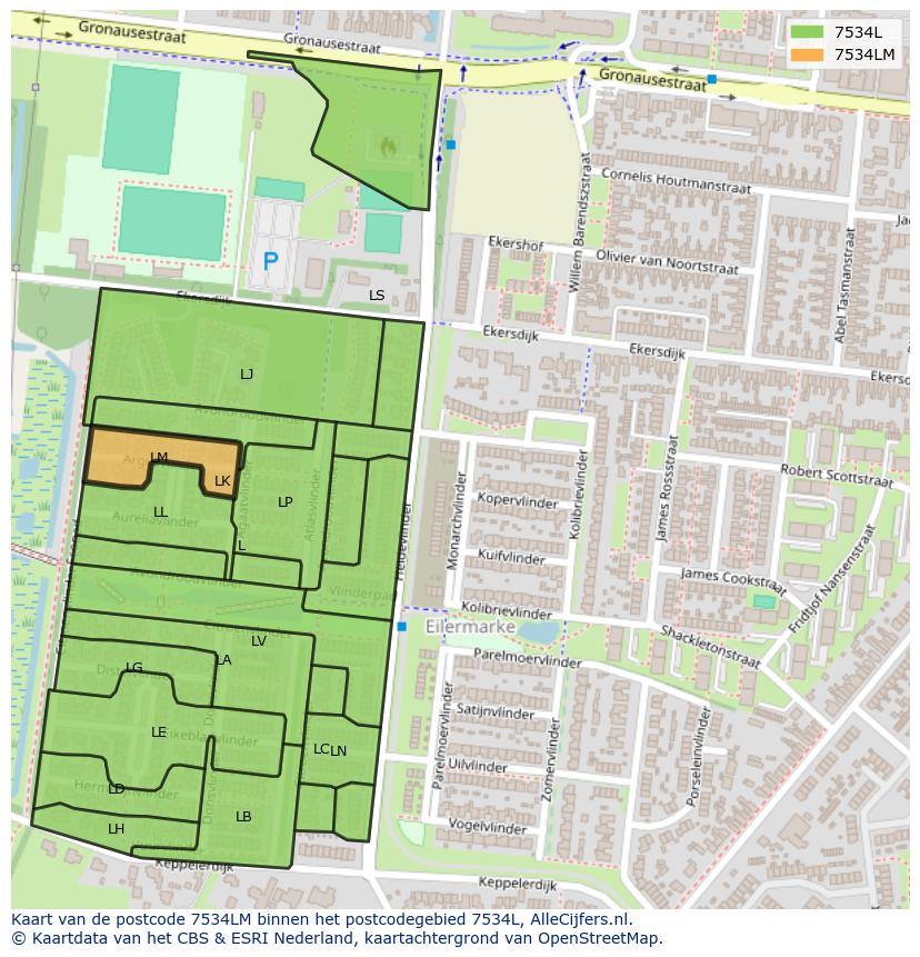 Afbeelding van het postcodegebied 7534 LM op de kaart.