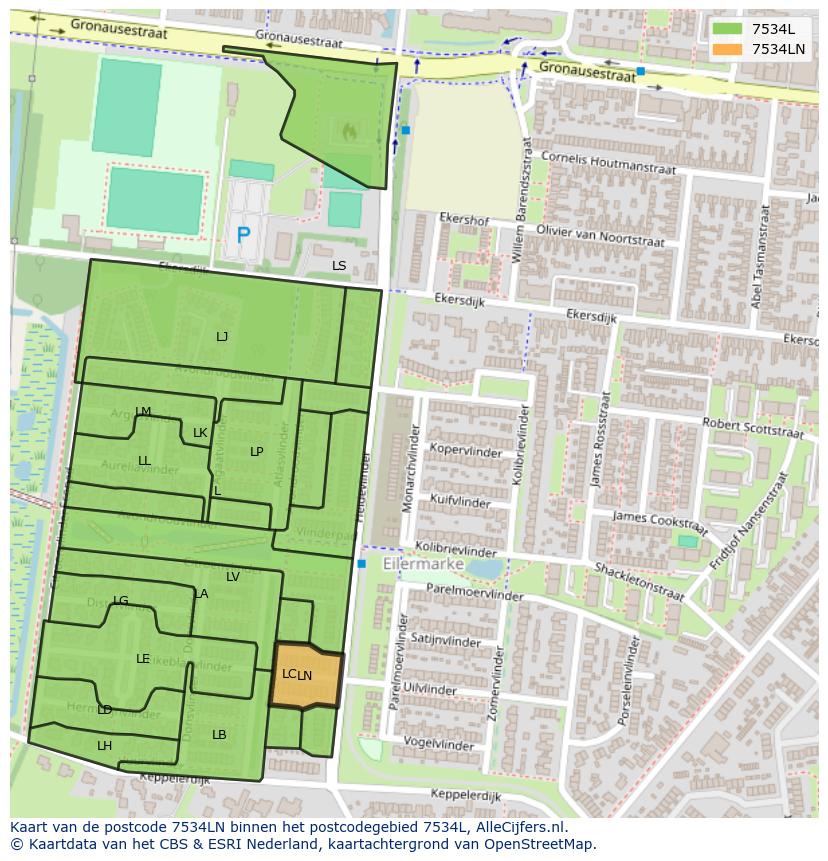 Afbeelding van het postcodegebied 7534 LN op de kaart.