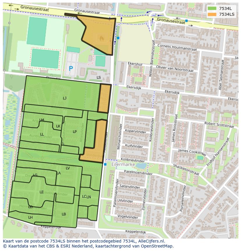 Afbeelding van het postcodegebied 7534 LS op de kaart.