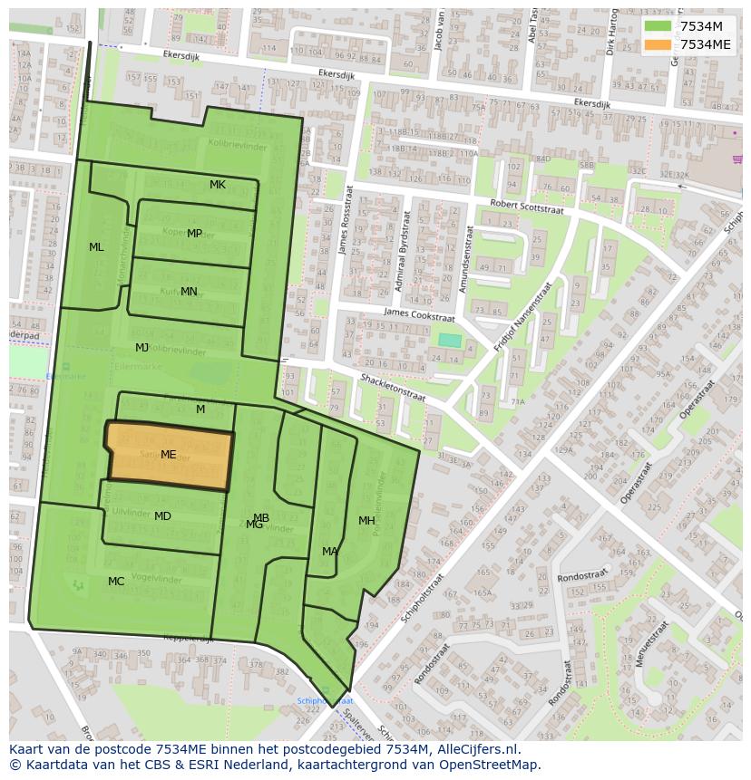 Afbeelding van het postcodegebied 7534 ME op de kaart.