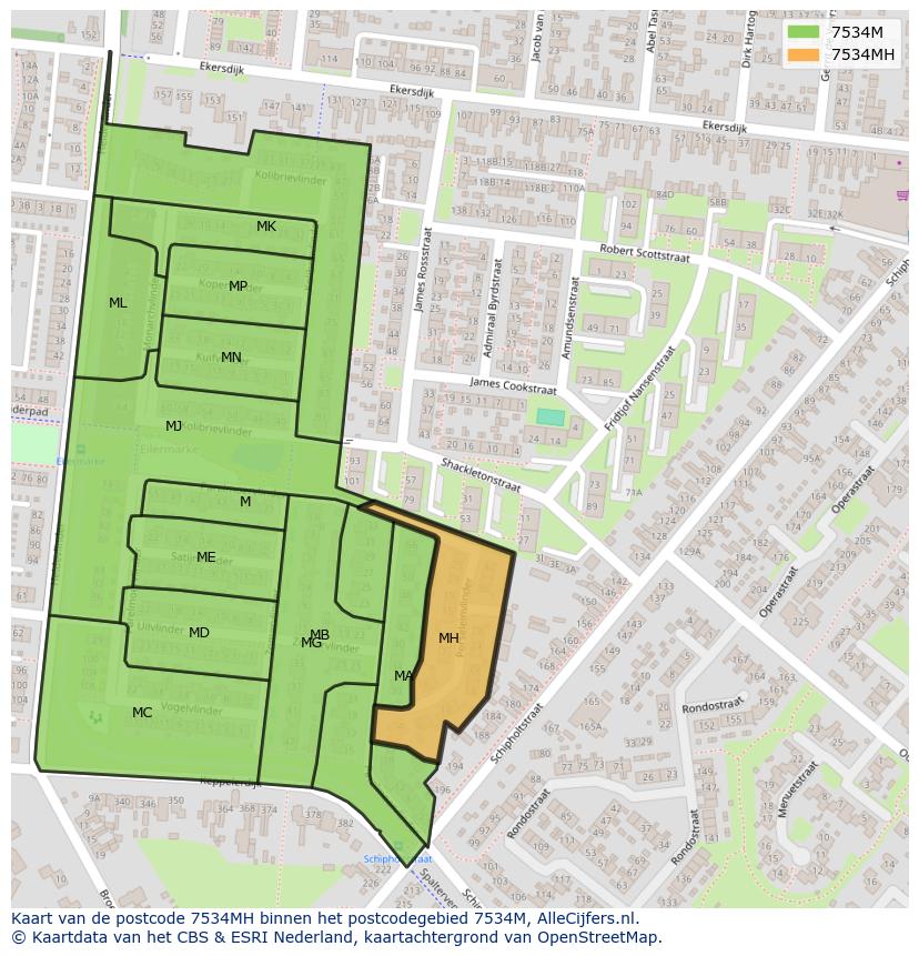 Afbeelding van het postcodegebied 7534 MH op de kaart.