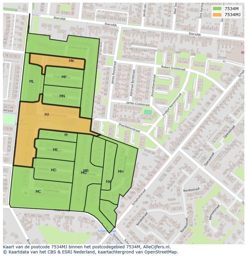 Afbeelding van het postcodegebied 7534 MJ op de kaart.