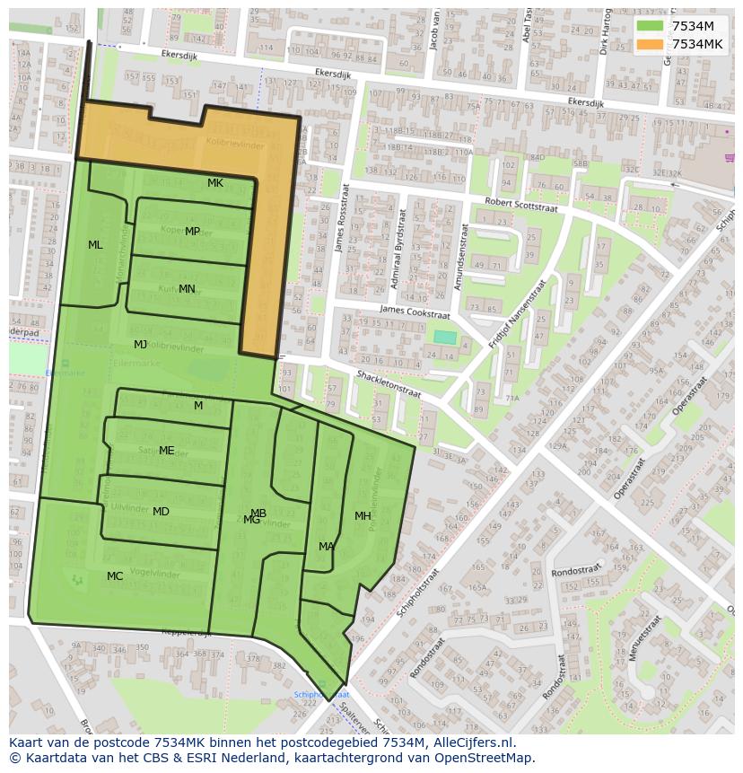 Afbeelding van het postcodegebied 7534 MK op de kaart.