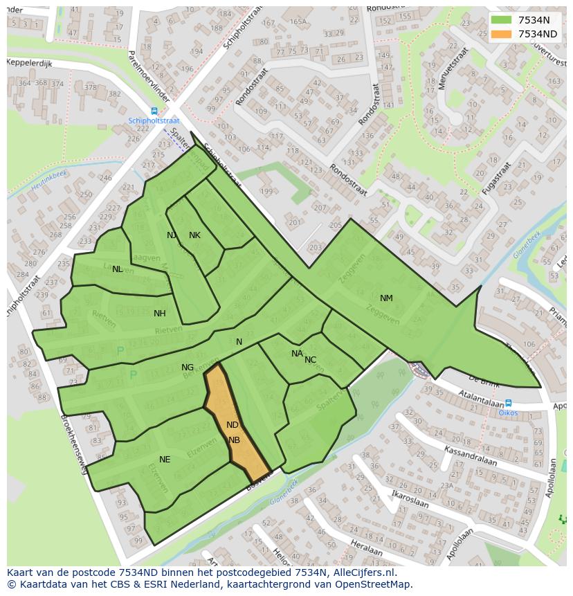 Afbeelding van het postcodegebied 7534 ND op de kaart.
