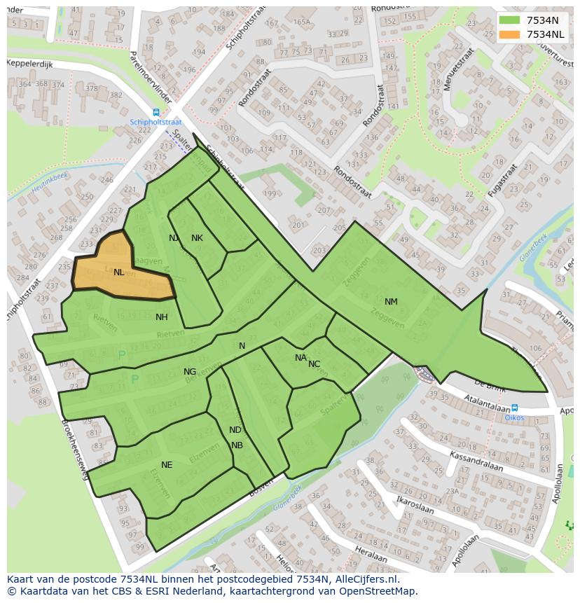 Afbeelding van het postcodegebied 7534 NL op de kaart.
