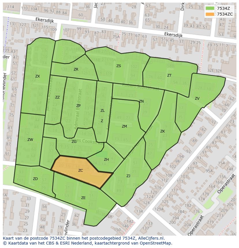 Afbeelding van het postcodegebied 7534 ZC op de kaart.