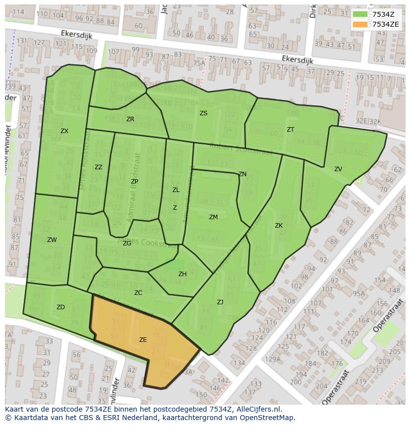 Afbeelding van het postcodegebied 7534 ZE op de kaart.